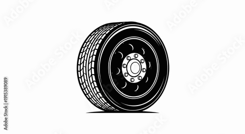 A bold, black and white illustration of a car tire and rim