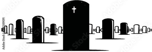 A black tombstone with a cross is central, surrounded by smaller tombstones
