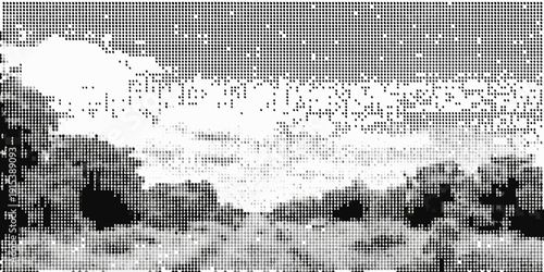 A pixelated landscape scene depicting trees clouds and a horizon