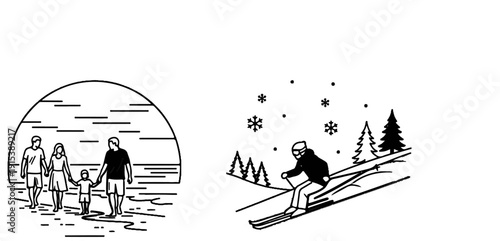 A family strolls by the water as a skier descends a snowy slope