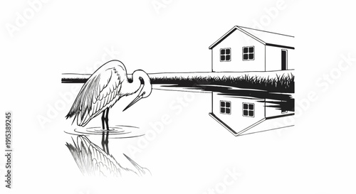 A graceful bird stands in water next to a house, with reflections