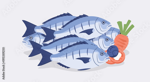 A cluster of blue fish swims around a carrot and a tomato slice