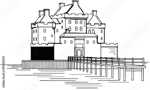 A black and white sketch of a large, multi-towered castle with a wooden bridge over water