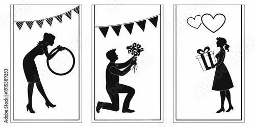 Three silhouettes depicting different stages of a romantic relationship Vector