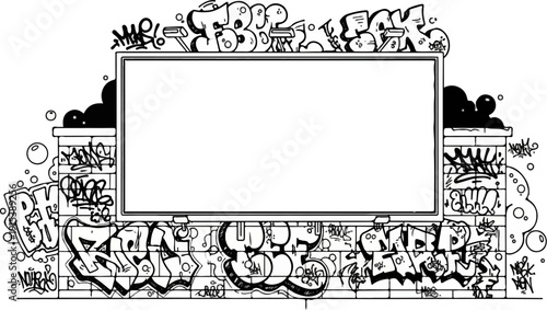 A graffiti-covered brick wall with a blank rectangular frame at the center