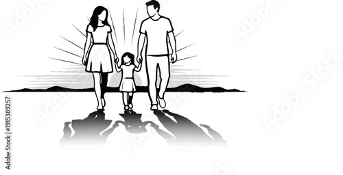 A family walks together toward a bright future, casting long shadows