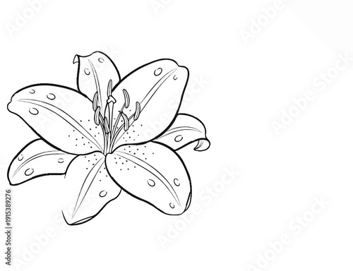 A black and white sketch of a lily flower with spotted petals on a white background