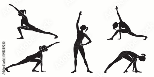 Six different yoga poses demonstrated by illustrated figures Vector