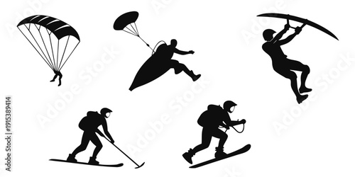 Silhouettes of people engaging in various extreme sports and activities. Vector