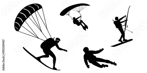 Extreme sports enthusiasts performing daring aerial maneuvers and stunts. Vector