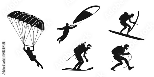 Silhouettes of people engaging in various extreme sports and activities Vector