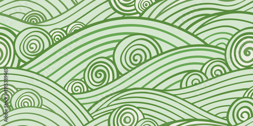 Abstract green wave pattern with swirling lines and repeating motifs