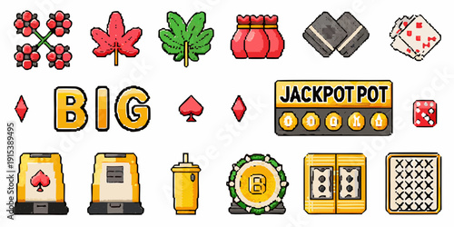 Pixel art casino icons including cards dice and slot machine elements