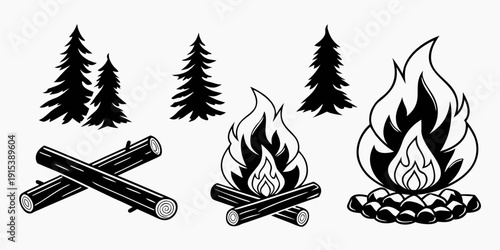 A serene campsite scene with trees and two campfires surrounded by logs Vector