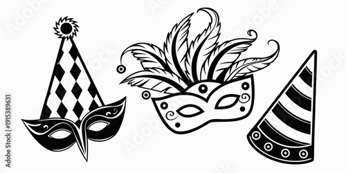 Assorted party hats and masks for a festive celebration Vector