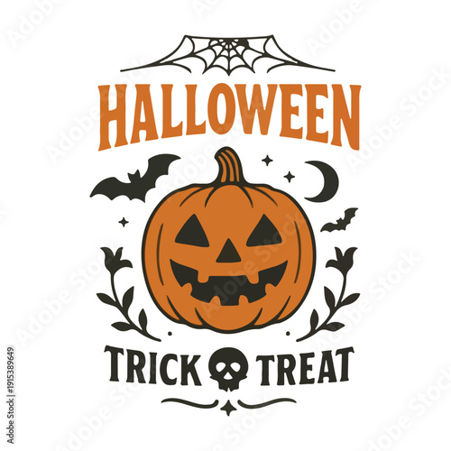 Spooky Halloween pumpkin with bats and spider web