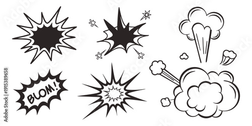 A collection of various explosion and impact effect illustrations in black and white Vector