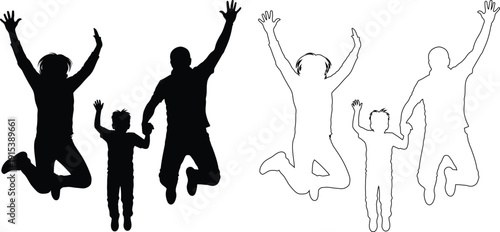 Joyful family and friends celebrating with dynamic jumping poses in mid-air