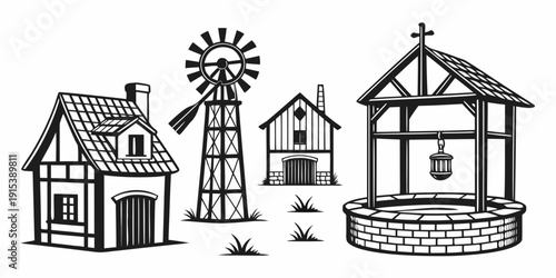 A charming illustration of various architectural structures in a rural setting. Vector