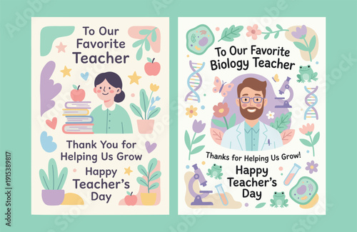Greeting Cards Set: Favorite Teacher and Biology Teacher. Flat Vector Illustration.