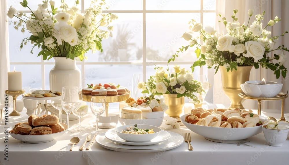 Fototapeta premium Weiß-goldenes Pfingstbrunch-Buffet