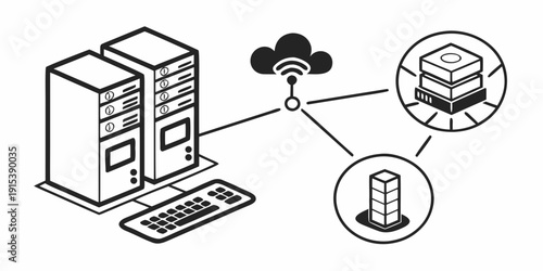 Illustration of a computer connected to a cloud server and a database Vector