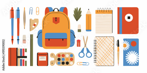 Colorful school supplies arranged in a flat lay composition