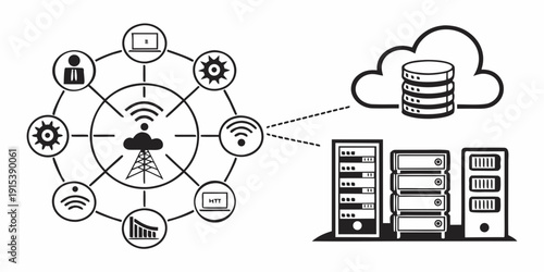 Illustration of interconnected devices and servers in a network infrastructure Vector