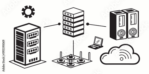 A diagram of a computer network with servers, a router, and a cloud. Vector
