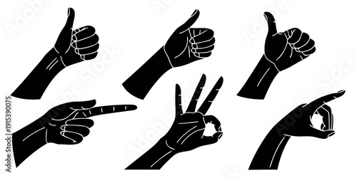 A collection of different hand gestures and signs in black and white Vector