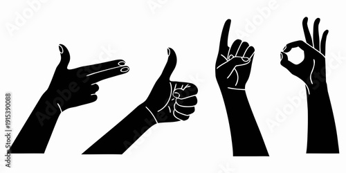Diverse hand gestures representing unity and communication in black and white Vector