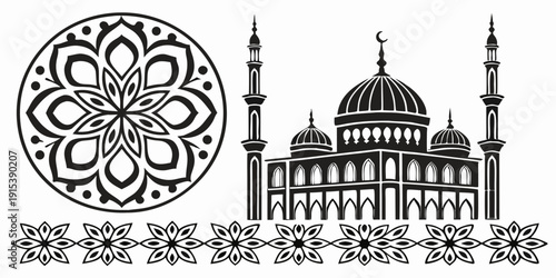 Intricate black and white illustration of a mosque with geometric patterns and arabic calligraphy Vector
