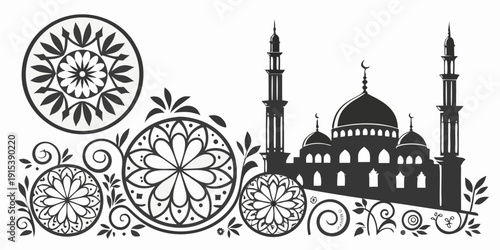 Intricate black and white illustration of a mosque with ornate patterns and architectural details Vector