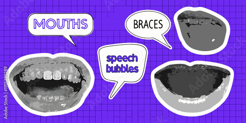 Illustrative mouths and braces with speech bubbles on a purple grid background
