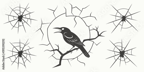 A black bird perched on a branch surrounded by spiders and webs Vector