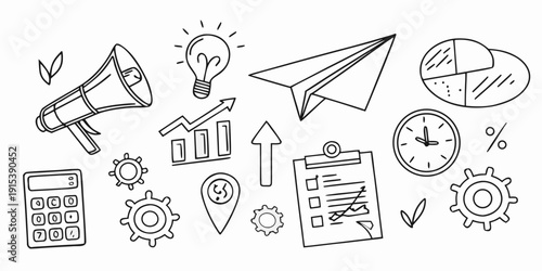 A collection of icons representing various aspects of business and productivity. Vector