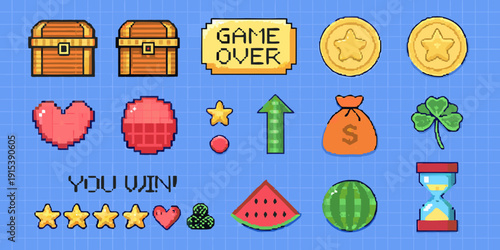 Pixel art game assets including treasure chests hearts and various icons