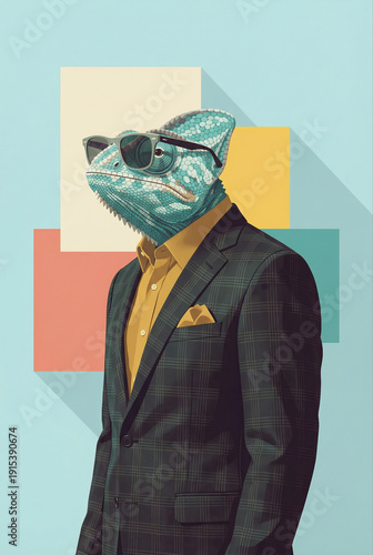 A stylish chameleon wearing sunglasses and a suit, depicted in a modern graphic illustration style.