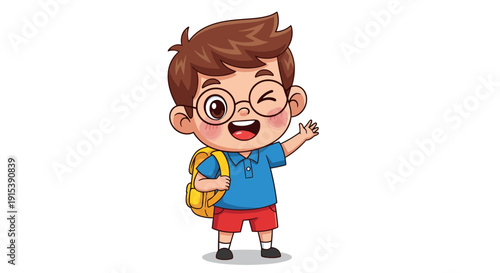 Cheerful cartoon boy with backpack waving hello ready for an educational journey
