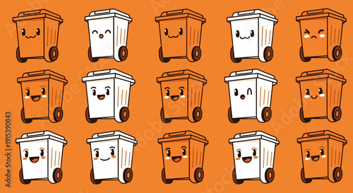 Cheerful and quirky cartoon trash cans arranged in a playful pattern on orange background