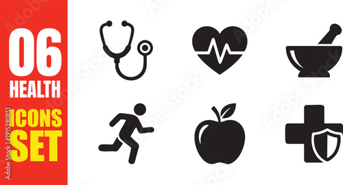 06 Health & Medical Icons Set: Vector Silhouettes for Fitness, Healthcare, Pharmacy, and Lifestyle Design