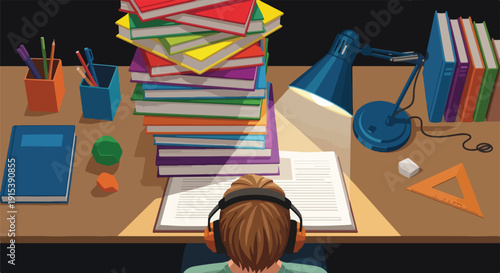 Student with headphones studying at a desk piled high with books under a lamp. Academic dedication, concentration, and the pursuit of knowledge.