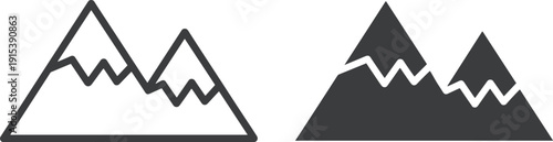 Mountain icon set with outline and solid styles, minimalist peak logo collection isolated on white background, modern hiking adventure symbol design for branding