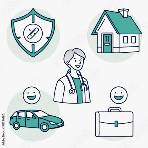 Illustration of various insurance types including health, home, and auto coverage. Vector