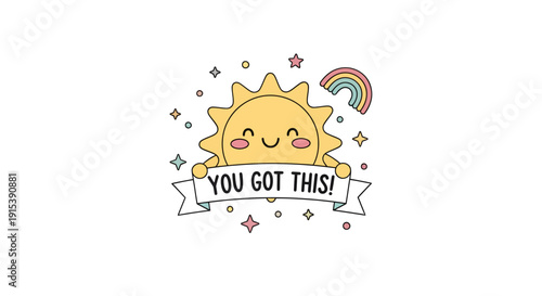Cheerful kawaii sun character conveying encouragement with a motivating message design
