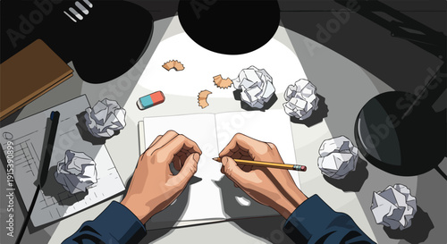 Hands writing in a notebook on a desk under a lamp, surrounded by crumpled paper, depicting the creative process, brainstorming, writing, and problem-solving efforts.