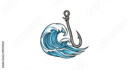 Anchor with Ocean Wave Illustration.