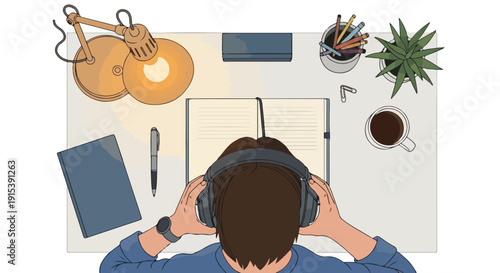 Overhead view of a person wearing headphones, intently studying or working at a desk with a book, lamp, and coffee, symbolizing focus and productivity.