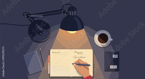 Top-down view of a person's hand writing in a notebook illuminated by a desk lamp, with a coffee cup on the side. Ideal for concepts of late-night work, study, planning, or creative tasks.