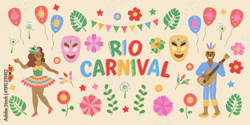 Colorful illustration depicting rio carnival with dancers balloons and festive elements